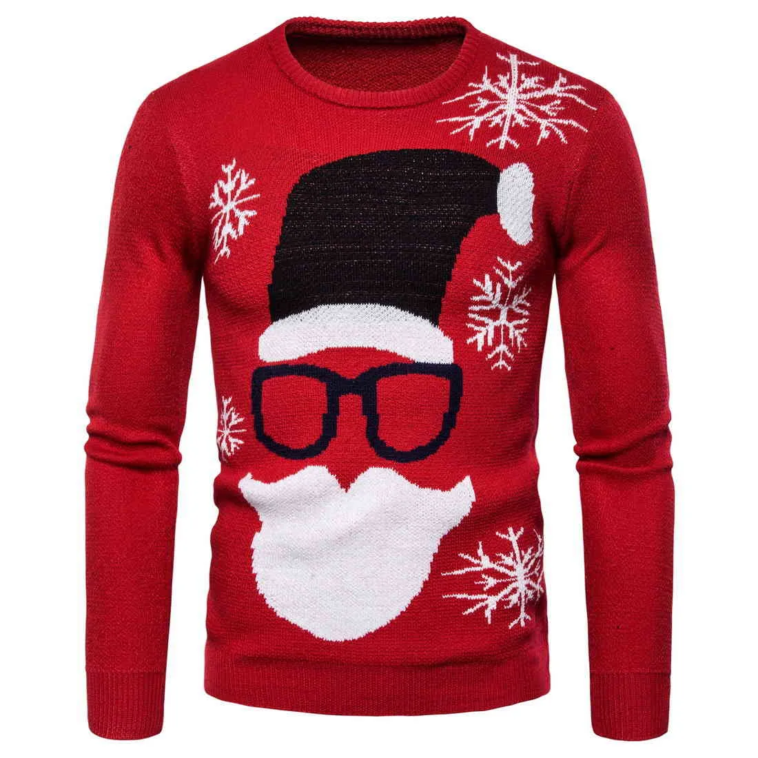 クリスマスセーターメンズOネックプリントサンタクロースクリスマスプルオーバーカジュアルウォームプルセーター冬リブ裾セーター男性210524