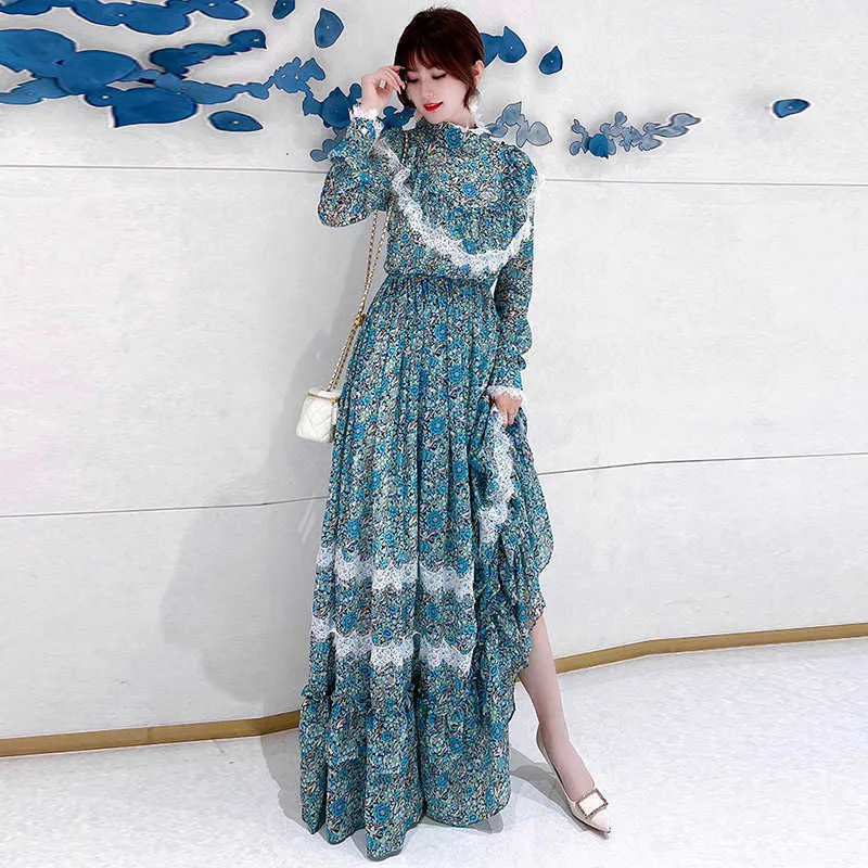 Women Spring Fashion Long Sleeve Printing Lace Patchwork Maxi Runway Dress Elegant Lady Floor Length Holiday Party Robe Vestidos 210601