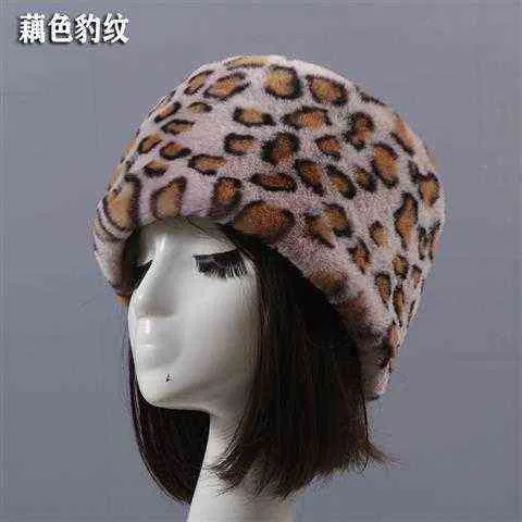 Leopard Ru平らな屋根の雪新年冬の豪華な厚い毛皮の帽子のファックスフォックスのウサギの毛皮のヘッドウォーマー屋外帽子女性女の子男性Y21111
