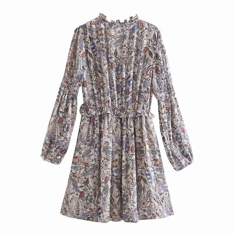 Paisley Print Chiffon Mini Dress Kvinnor Vintage Ruffle V-Neck Long Puff Sleeve Pläterad Kvinna Elegant ES 210519