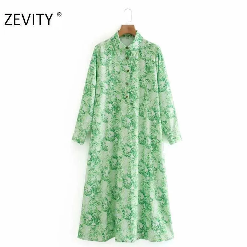 ZEVITY, vestido de camisa verde con estampado de cuello vuelto a la moda para mujer, vestido de oficina con botones para mujer, vestidos rectos elegantes DS4434 210603