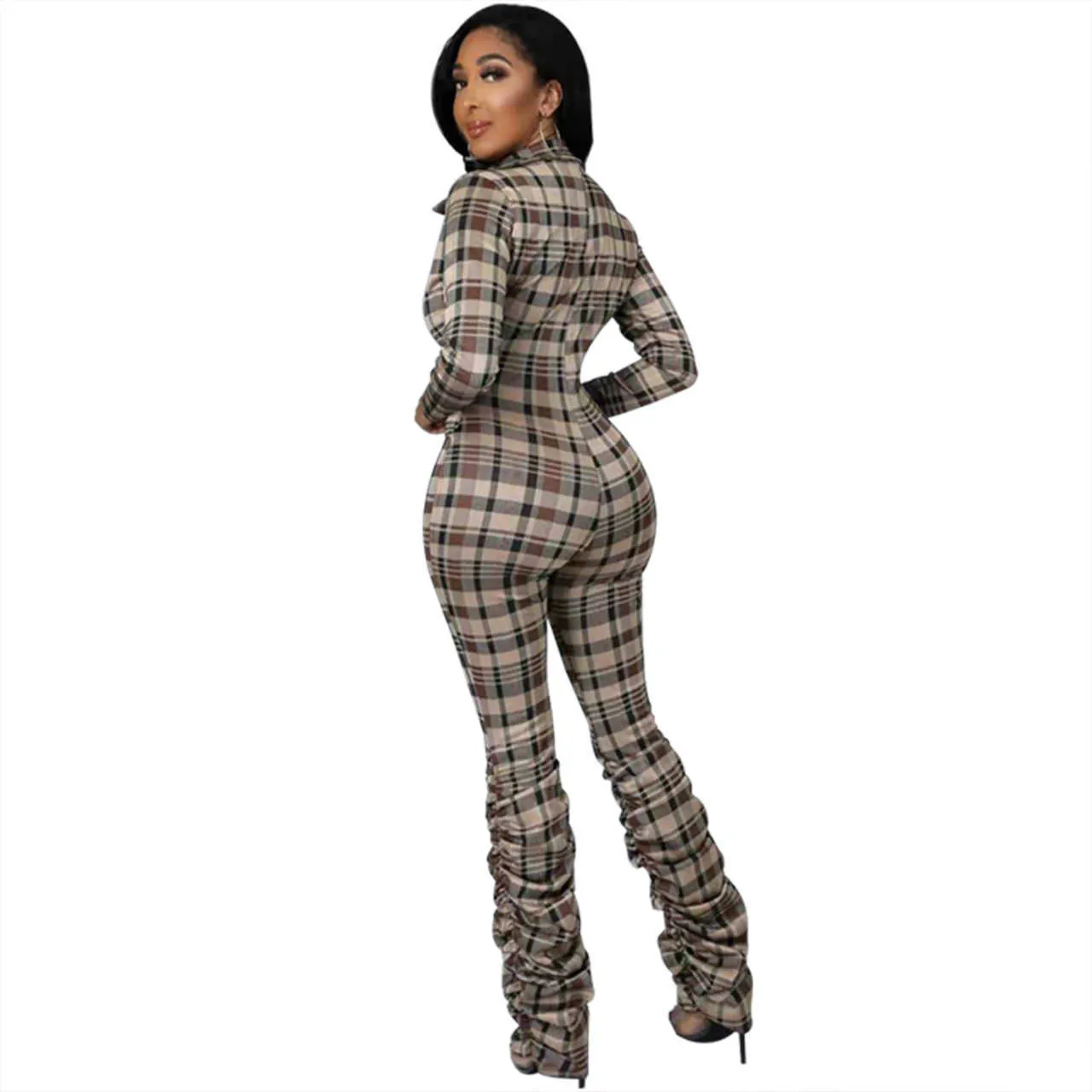 Womans Plaid Jumpsuits elegant Slim Fit Lapel Neck Zipper Spring Long Sleeve Pile Of Pants Fashion pleated Rompers