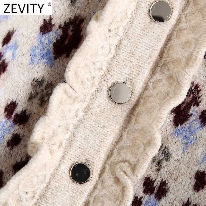 Zevity Femmes Mode O Cou Lanterne Manches Léopard Imprimer Casual Court Tricot Pull Femme Chic Volants Cardigan Tops S523 210603