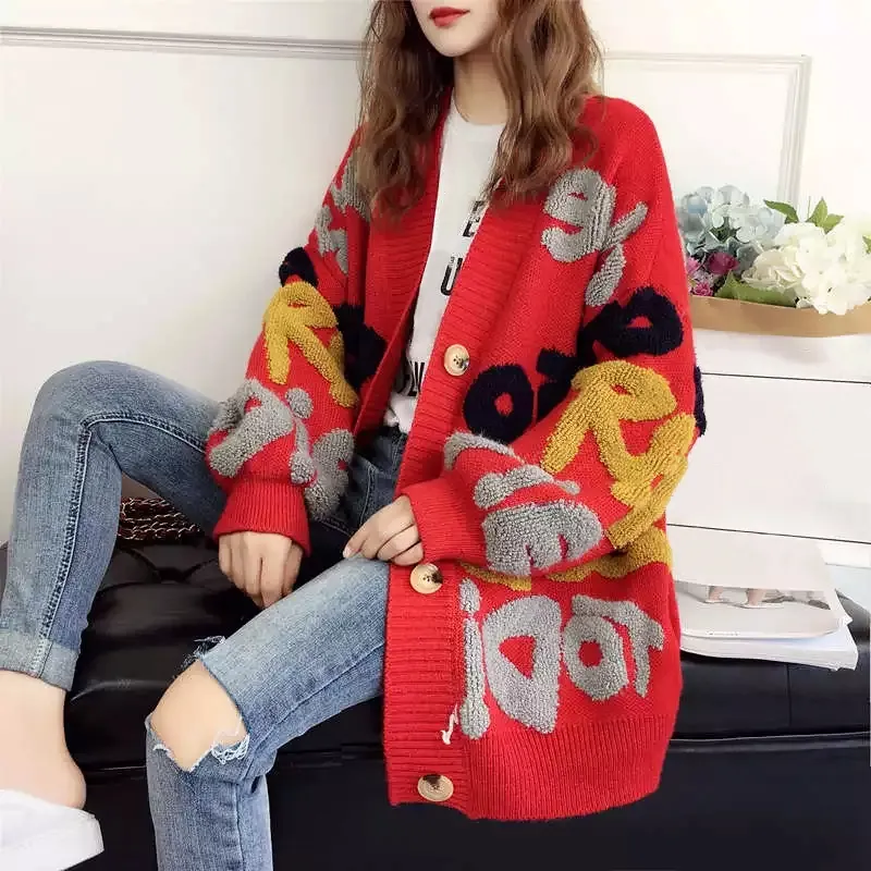 Women Cardigan Letter Pattern Knitted Sweater Korean Street Style Cardigan Loose Ladies Jacket Spring and Autumn