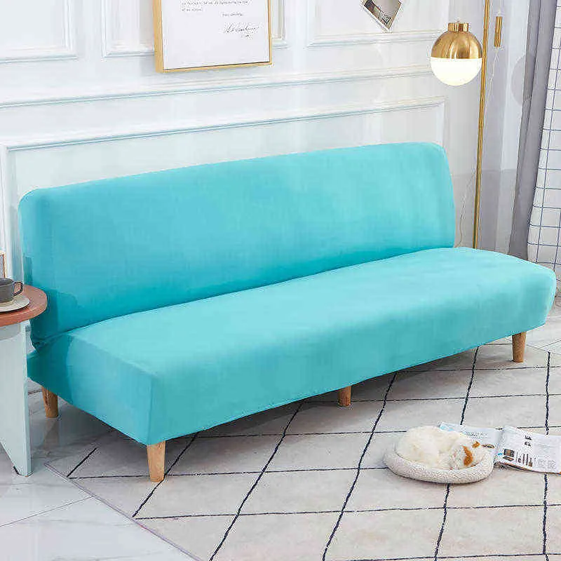 Sky Blue Solid Color Folding Sofa Bed Cover Without Armrest Spandex Elastic Decorative Seat Furniture CouchCover for Living Room 211116
