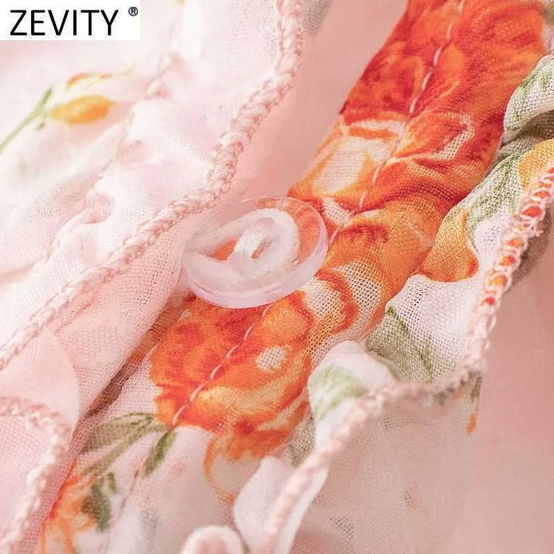 Zevity mujeres dulce plisado volantes cuello en V estampado Floral camisa Casual blusa de gasa femenina Roupas Chic Chemise Tops LS9076 210603