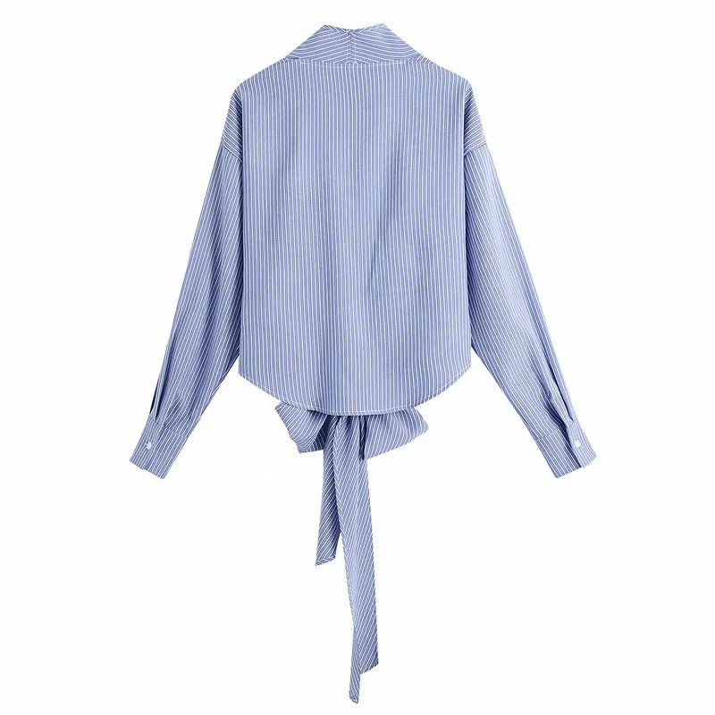 Décontracté femmes col en V Bandage Blouse printemps-automne mode dames coréen minimalisme femme bleu rayures petit haut 210515