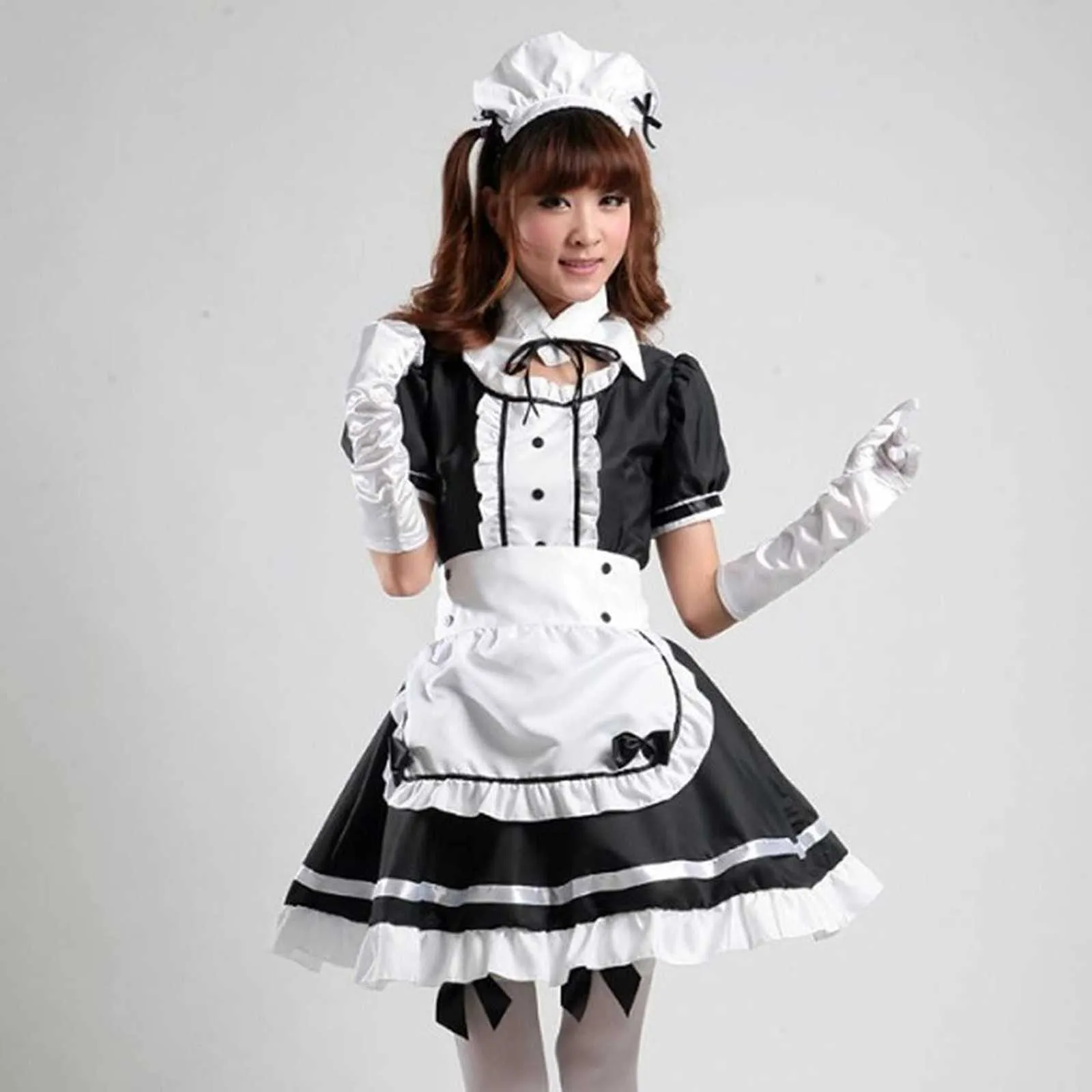 2021 Sexy Lingerie Lolita Maid Costume Cosplay Donne Copricapo Grembiule Falso Collare Bowknot Abito Nero Halloween Party Outfit Y0903