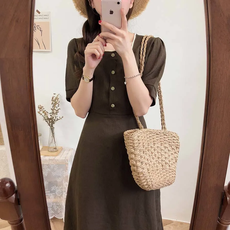 Plus size Summer Girls Boho Party Cotton Linen Female Vintage Dress Brown Short Sleeve Women Dresses Long Robe Vestido 210417