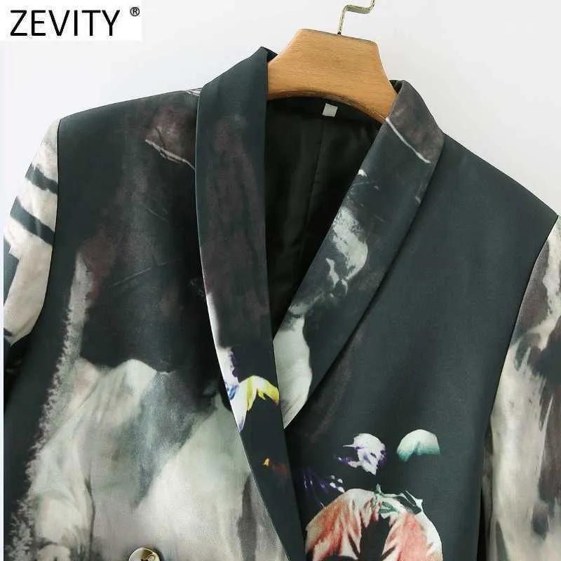 Zevity Women Vintage Tie染め印刷バックストライプパッチワークフィッティングブレザーコートオフィスレディースダブルブレストシックトップスCT671 210603