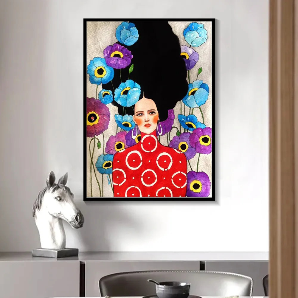 Abstract Flowers Girl Hair Wall Art Canvas Painting Bird Nordic Poster Art Prints Wall Pictures For Living Room Vintage Unframed