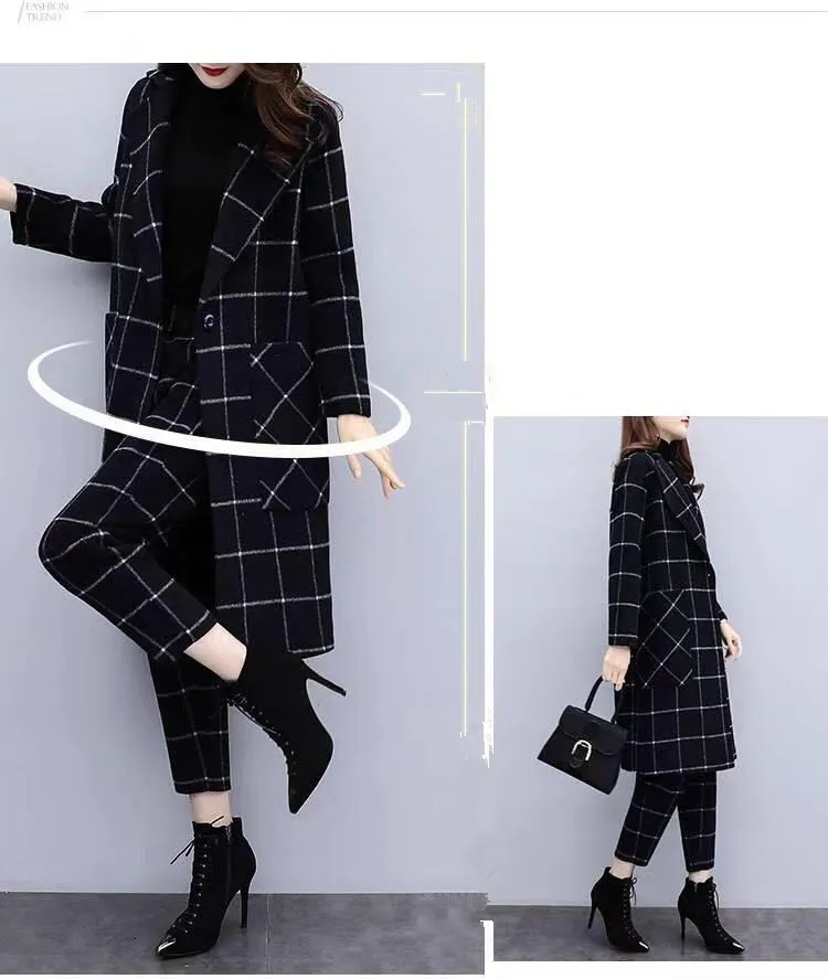 Winter Black Woolen Plaid Dwuczęściowy Zestawy Stroje Kobiety Plus Rozmiar Długi Płaszcz i Spodnie Garnituje Eleganckie Biuro Mody 210518
