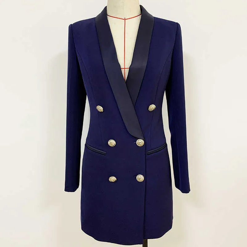 High Street Est Designer Blazer Damskie Metalowe Przyciski Lwa Podwójne Kołnierz Szal Kołnierz Długa Kurtka Navy Blue 210930