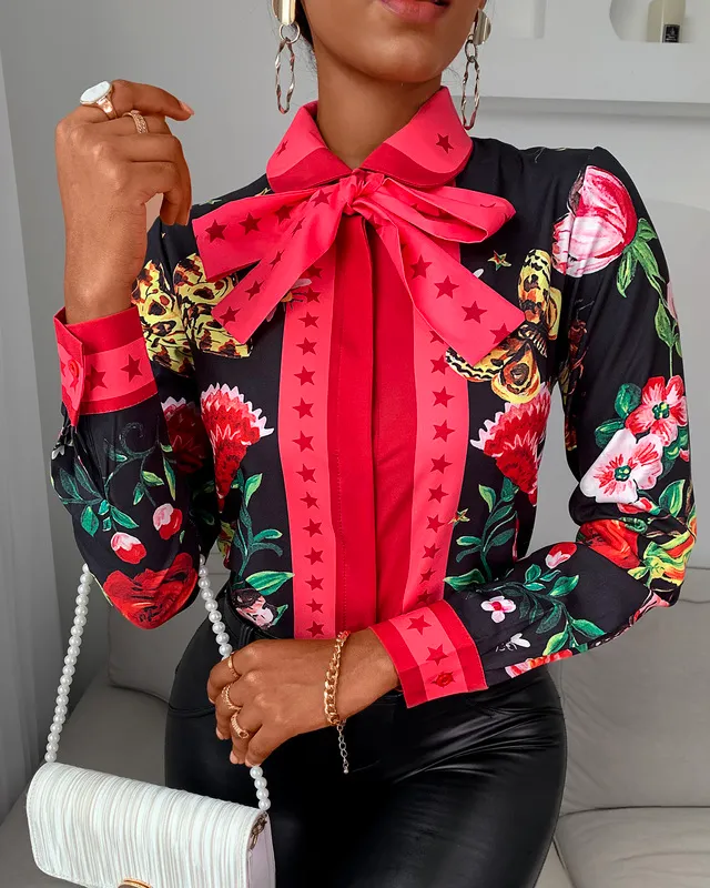 Women Casual Autumn Turn-down Collar Chic Chiffon Blouse Tie Neck Floral Long Sleeve Ladies Shirt 220307