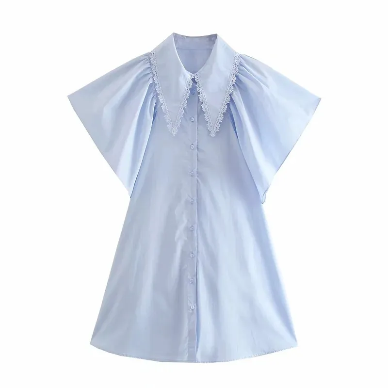 Dress Women Blue Short Woman es Ladies Embroidered Applique Ruffle Sleeve Casual Cute Mini Girl 210519