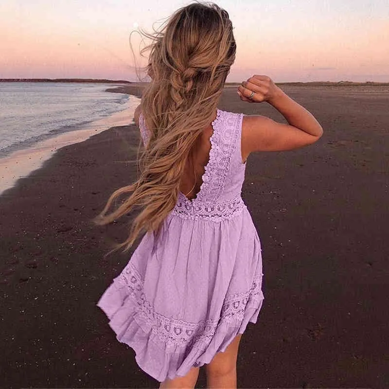 Mode blanc violet dentelle robe femmes évider Boho plage Style été court Chic vacances Mini Vestido 210427