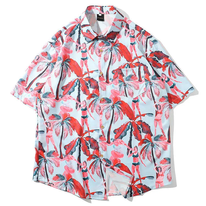 Mens Hawaiian Shirt Pink Bikini Girl Coconut Print Brand Loose Light Short Sleeve Beach Shirts For Men 210527