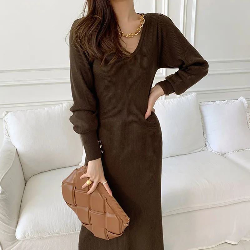 Offcie Ladies Vestidos Elegant Solid Knitted V Neck Chains Spring Autumn Korean Woman Dresses Femme Robes 19618 210415