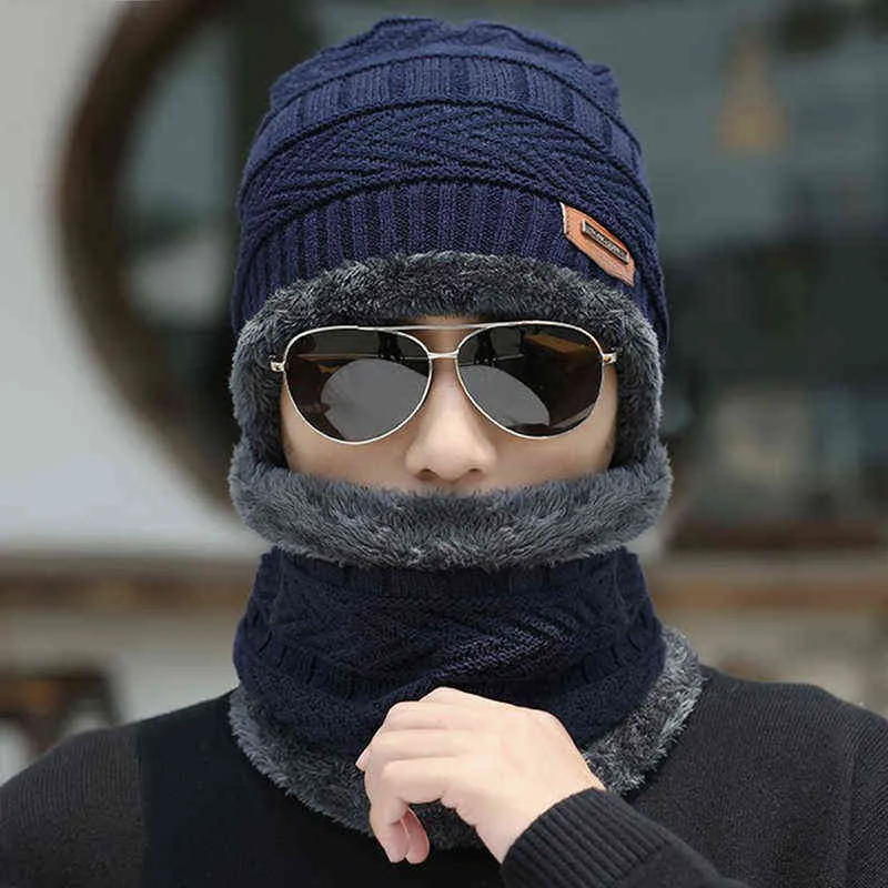 Mannen Warm Skullies Beanie + Zachte Sjaal Tweedelige Set Winter Dikker Muts Mannelijke Winddicht Breien caps Halswarmer Y21111