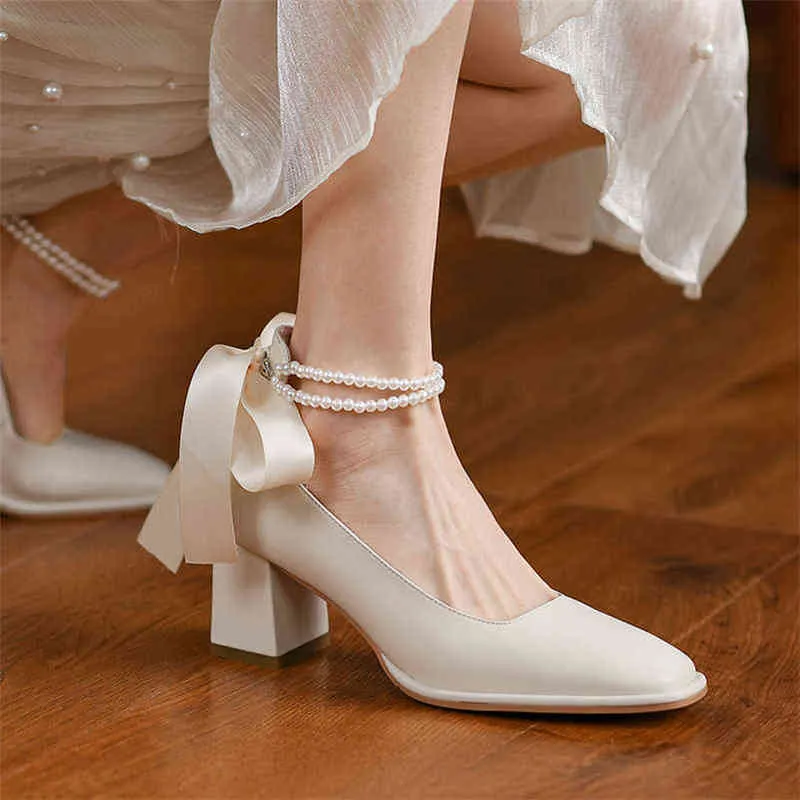 Women's Genuine Leather Shoes Ankle Straps Fashionable High Heels Shoelaces and Bows Beige 2 9