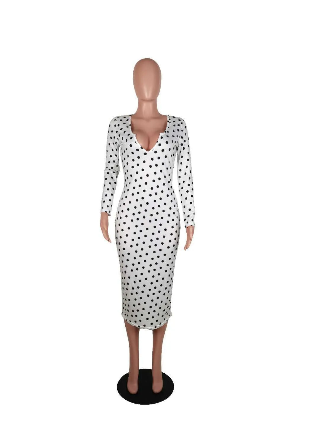 Sexy Women Black White Polka Dot Print Pencil Dress Low Neck Full Sleeve Bodycon Midi Dresses Elegant High Waist Slim Vestido 210517