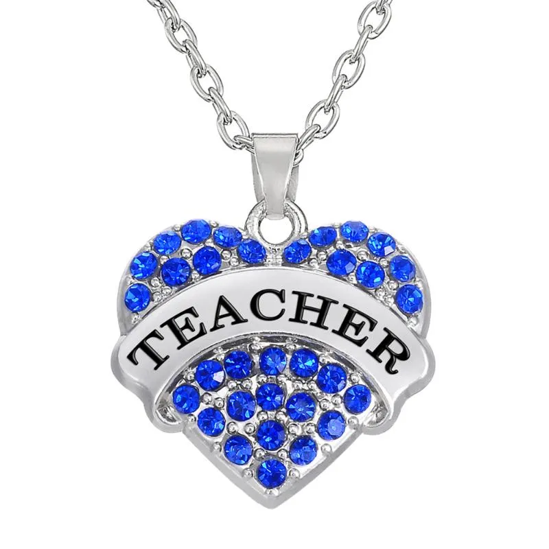 Teamer Clear Blue Pink Crystal Heart Выгравированное подвесное ожерелье Учителя с