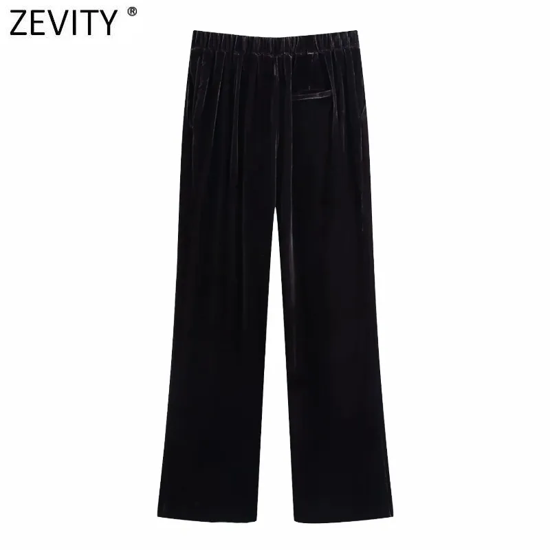 Women Vintage Solid Color Velvet Straight Pants Female Chic Elastic Waist Pockets Casual Slim Long Trousers P987 210420