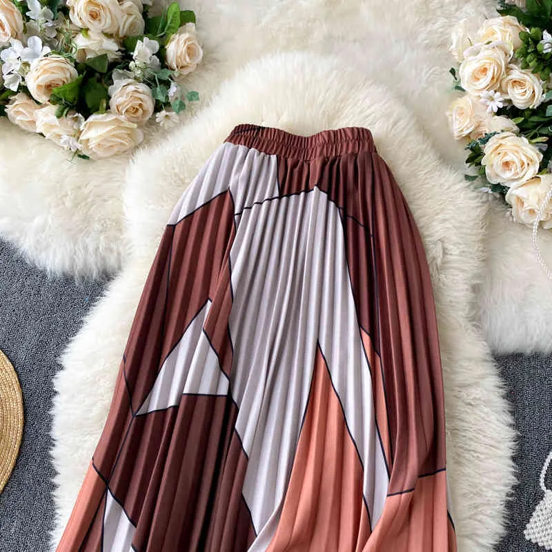 Singreiny Design Imprimir Saia Plissada Mulheres Estilo Coreano Cintura Alta A-Linha Saias Moda Outono Streetwear Midi Long Skirt 210419