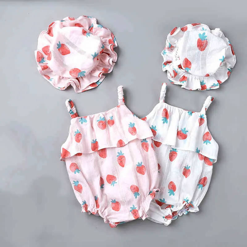 Zomer Mouwloze Babykleding Vrouwelijke Aardbei Printed Sling Romper Katoenen Jumpsuit + Free Hat 210515