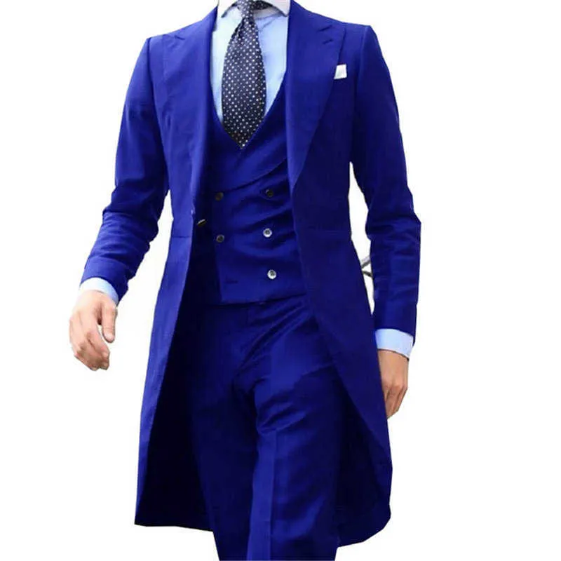 Royal Blue Long Cauda Casaco Cavalheiro Homem Ternos Moda Moda Noivo do Noivo para Casamento Promete Colete Waistcoat com Calças X0909