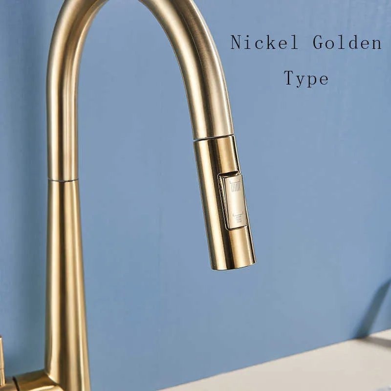 Thickened Brass Brushed Nickel Golden Kitchen Faucet Pull Out Spray Kitchen Tap 360 Rotatble Cold Sink Mixer Crane 211108