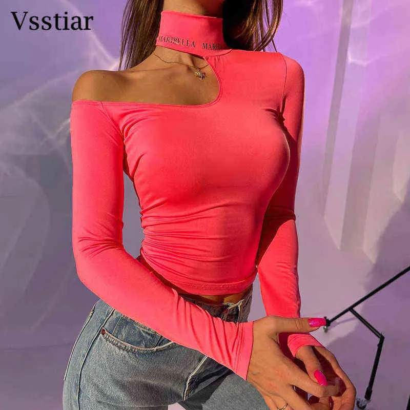 Vsstiar Turtleneck Mulheres Crop Top off Ombro Sexy Cut out Carta Impressão T-shirt Manga Longa Sólida Camisas Slim Moda 2022 G220310