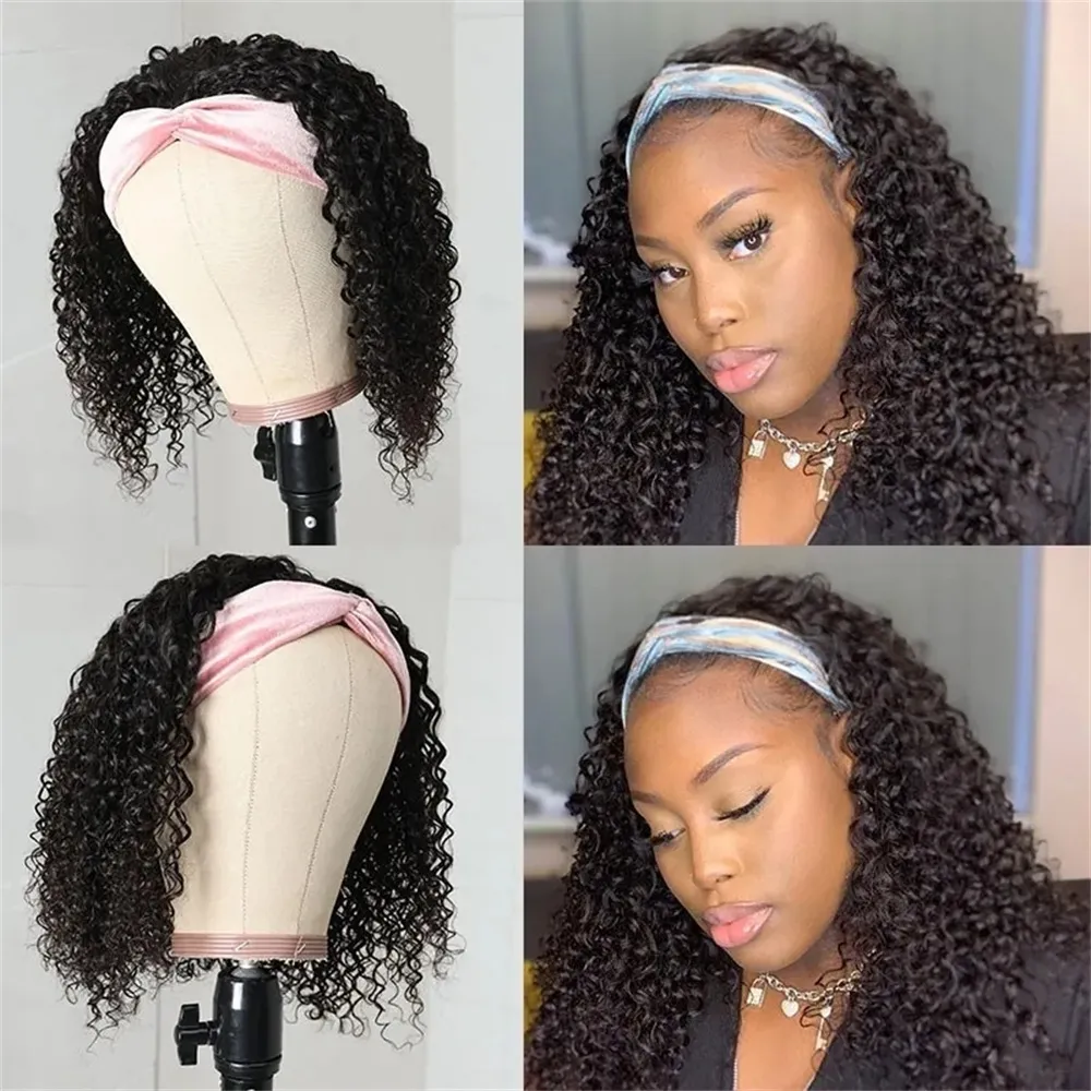 Brazilian Curly Bob Headband Wigs Glueless Full Machine Made Remy 150% Density Human Hair For Black Women