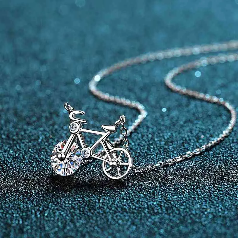 Trendy Real 1 Carat D Color Moissanite Bicycle Necklace Women Jewelry 100% 925 Sterling Silver Clavicle Neckalce Birthday Gift