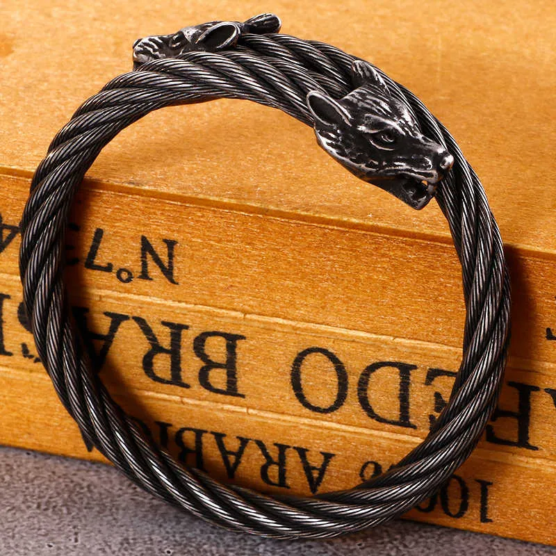 Punk Stainless Steel Matte Viking Wolf Dragon Charm Bangle Man Hip Hop Cable Wire Gold Animal Cuff Bracelet Men Jewelry 2107137068552
