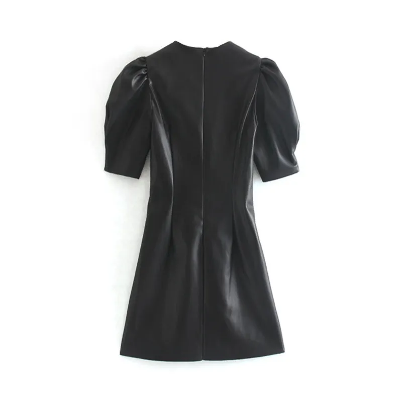 Robe en faux cuir femmes sexy club bouffée à manches courtes moulante fête vintage tunique plissée noir mini robe 210508