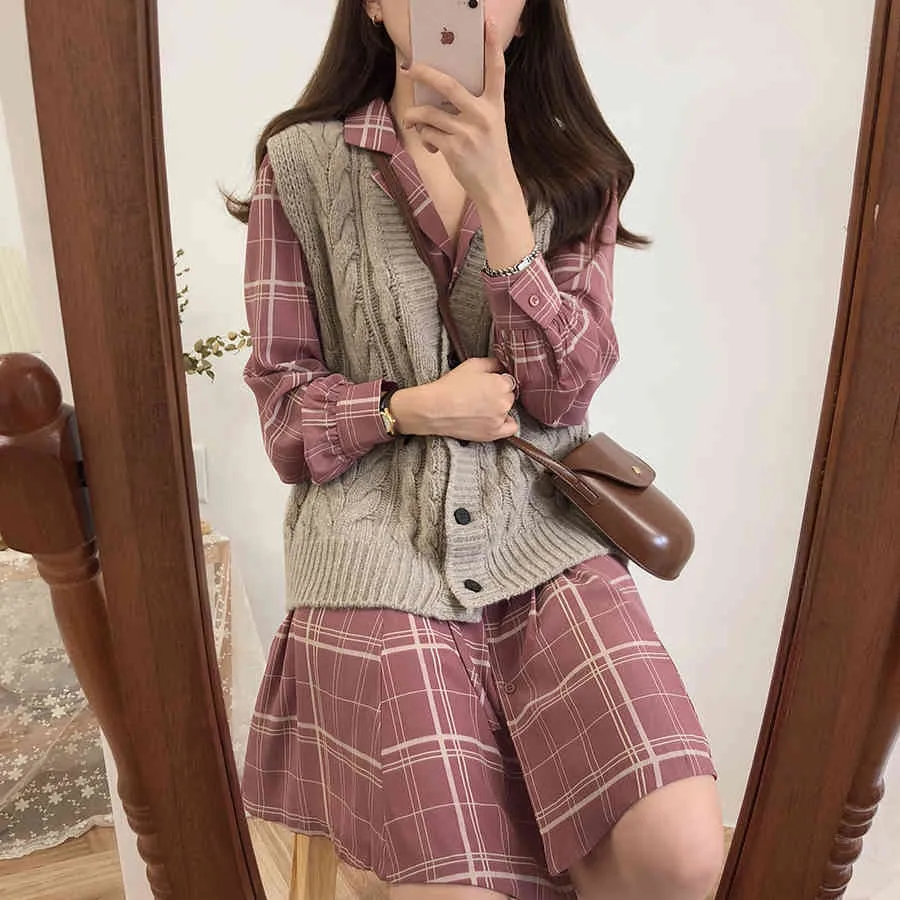 roze plaid herfst lente een lijn kantoor dame jurk vrouwen kraag kraag lange mouw raster casual jurken robe femme vestido 210417