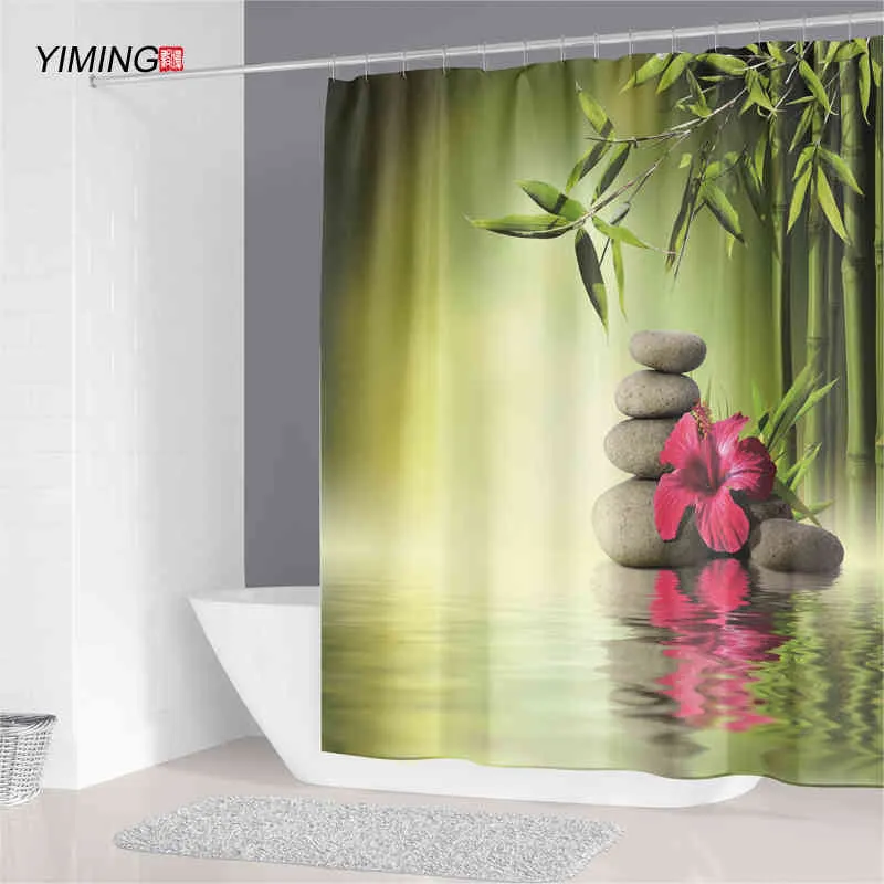 Zen Silenzioso Acqua Che Scorre Ghiaia Tenda Della Doccia Poliestere Impermeabile Complementi Arredo Casa Tenda Con Gancio Lavabile 200*180 cm 210402