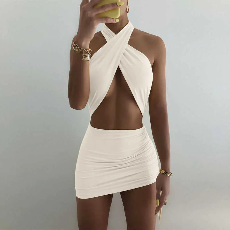 Casual Halter Neck Dresses for women Summer Hollow Out Bandage Mini Dress Sexy Night Club Bodycon Draped Black Dress 210604