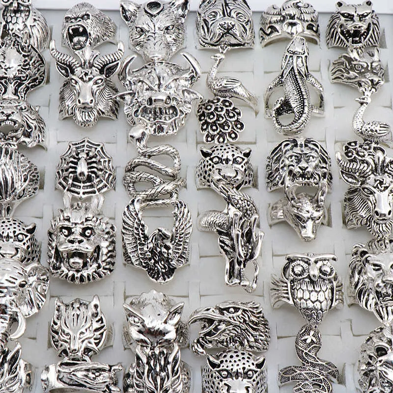 Todo 20 peças lotes mix cobra coruja dragão lobo elefante tigre etc estilo animal antigo vintage jóias anéis para homens mulheres 210623302q