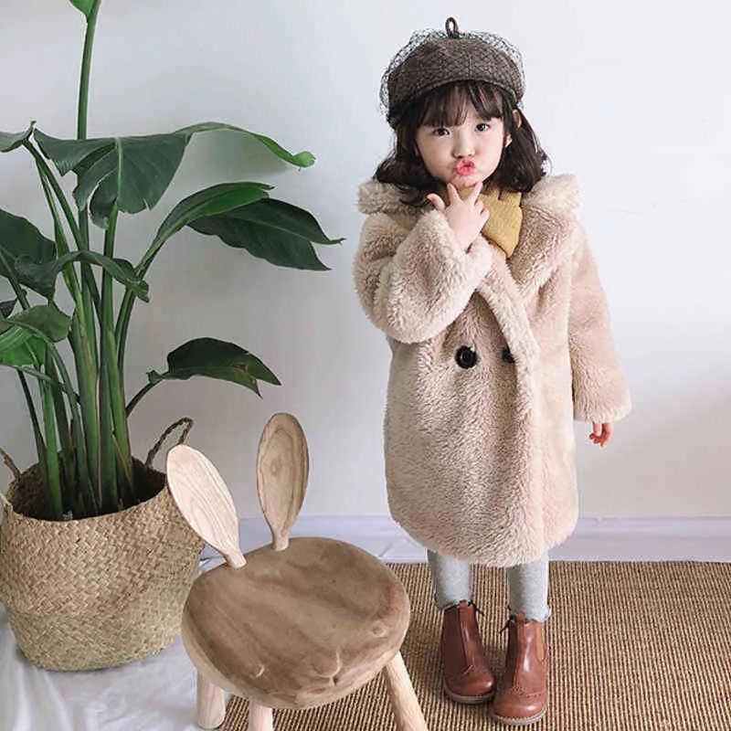 Cappotto invernale ragazze Cappotto in pelliccia sintetica Bambino elegante colletto con risvolto Addensare Giacca calda Ragazze Cappotto lungo Bambini Capispalla bambini 211204