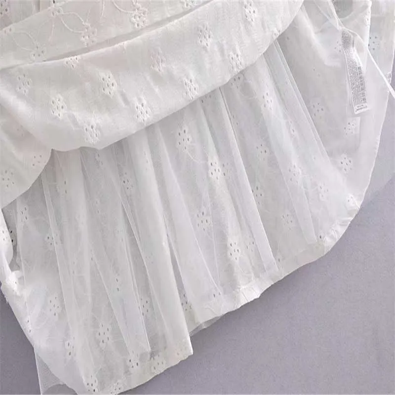 Za weiß gestickte Ösen Midi Kleid Frauen Kurzpuffarm zurücklose Sommerkleider Frau Vintage Inner Tüll Vestidos 210602