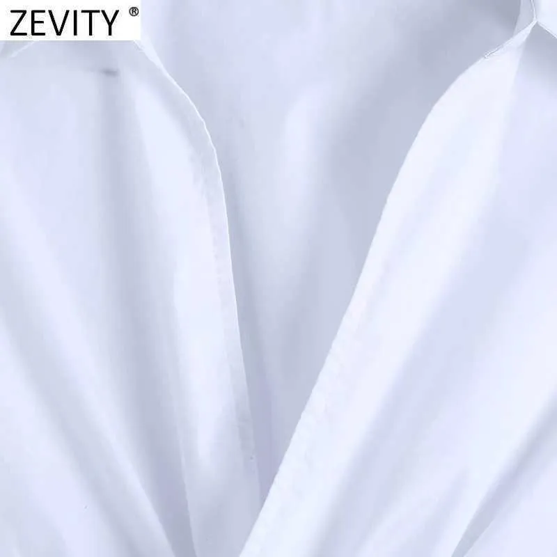 Zevity Femmes Mode Croix Col V Ourlet Noeud Blanc Court Smock Blouse Femme Manches Longues Kimono Chemises Chic Blusas Tops LS9008 210603