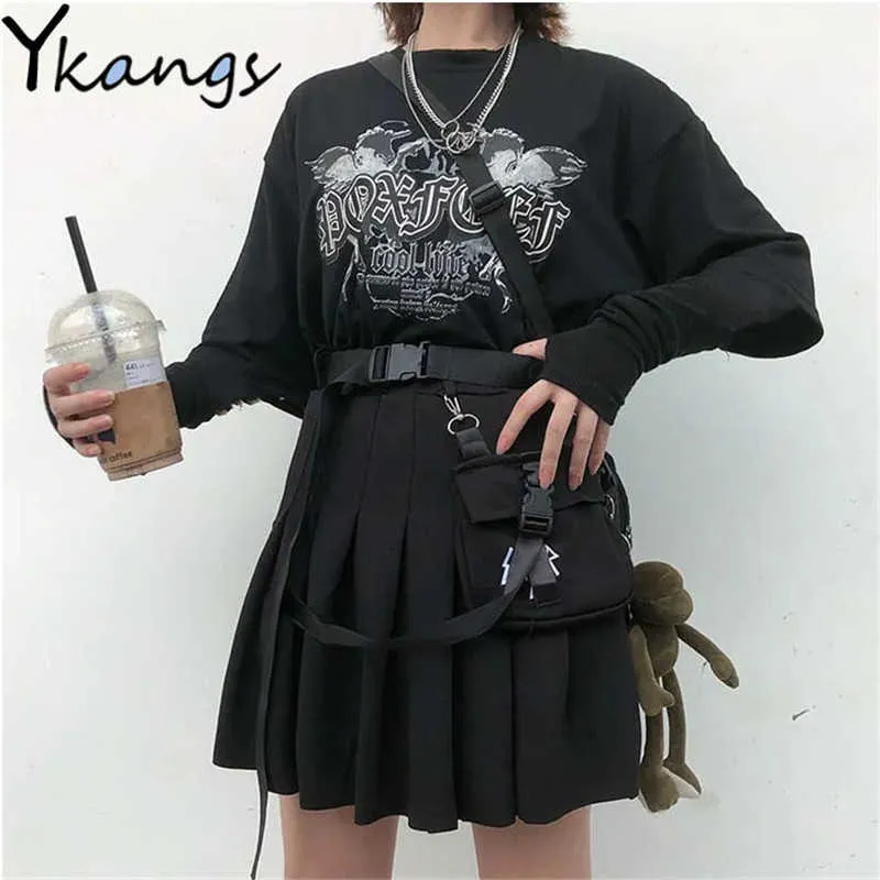 Summer Black Cool Mini Skirts Women High-Waisted Harajuku Pleated Skirt Korean Style Vintage Short Dark System Skirts 210619