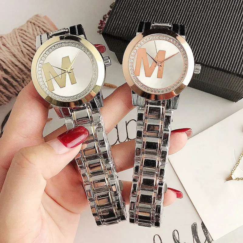 Brand Watch Women Girl Crystal Big Letters Style Metal Steel Band Quartz Wrist Watches M124