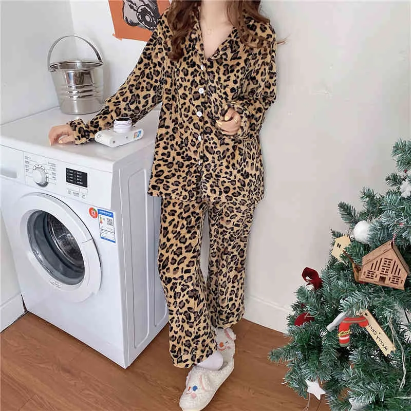 Sale Leopard All Match Pajamas Animal Printed Sexy Brief Nightwear Chic Casual Homewear Loose Suit Sets 210525