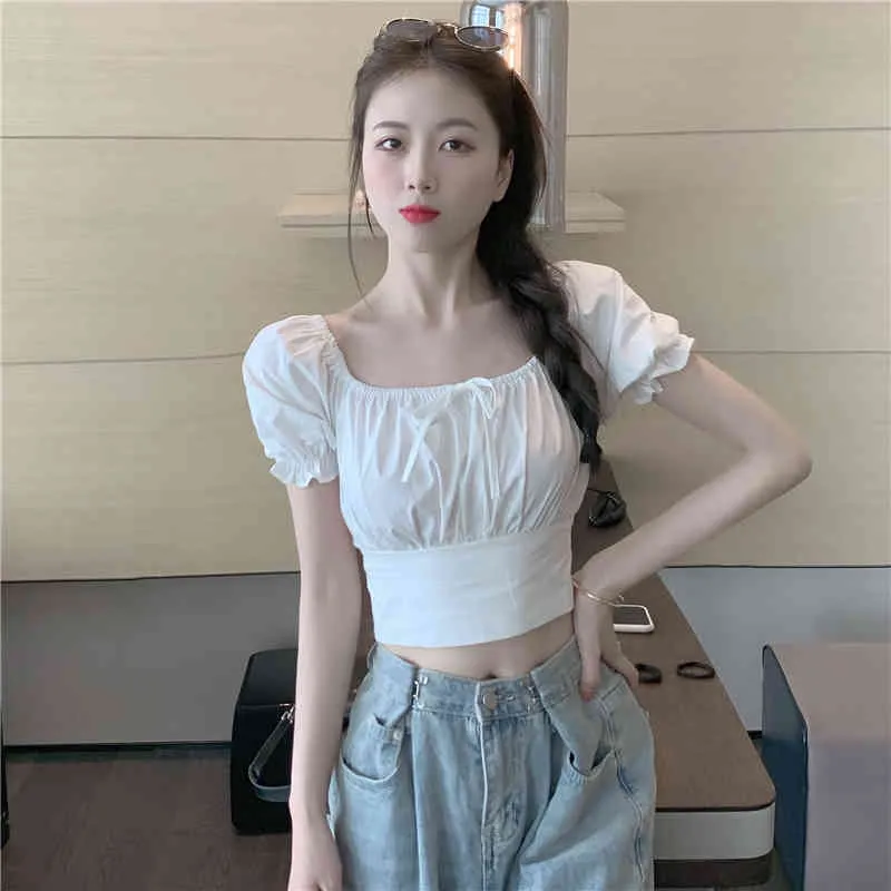 Sexy Fashion Crop Top Slim White Square Neck Puff Sleeve Backless Camicetta Donna Bow Blusas Mujer Pink Pearl Chain Camicie Sweet 210429