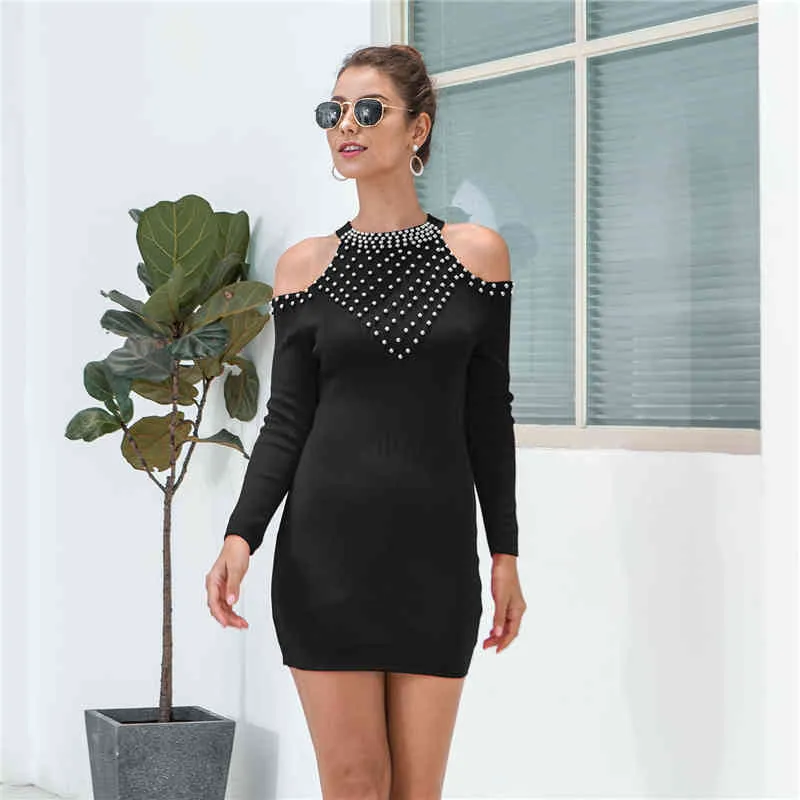 Höst Beaded Red Slim Pencil Dress Off-Shoulder Stickad Sweater Kort Mini Klänningar Kontor Ladies Casual Vestidos Mujer de MODA 210520