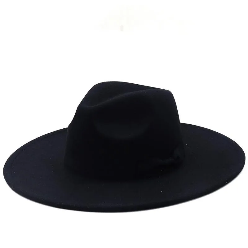 Breda randen hattar enkel brittisk stil män kvinnor vinter bow ull fedoras cap 9 5 cm stor bröllop jazz207r