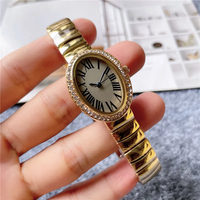 Модные брендовые часы для женщин и девочек, кристаллы, овальные арабские цифры, стильный стальной металлический ремешок, красивые наручные часы C61220c